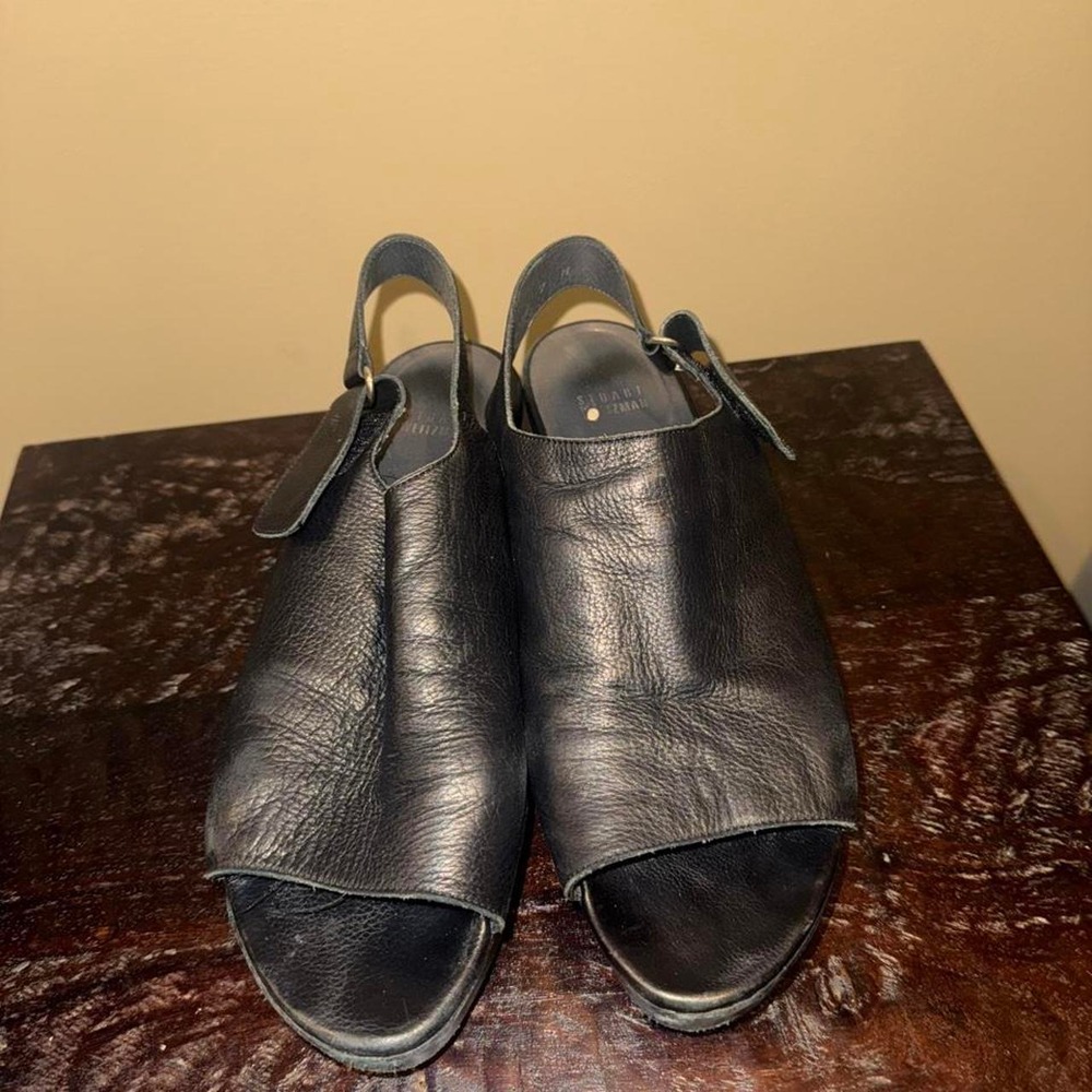 Stuart Weitzman Black Leather Platform Wedge Slingback Sandals W63266 Mens 9